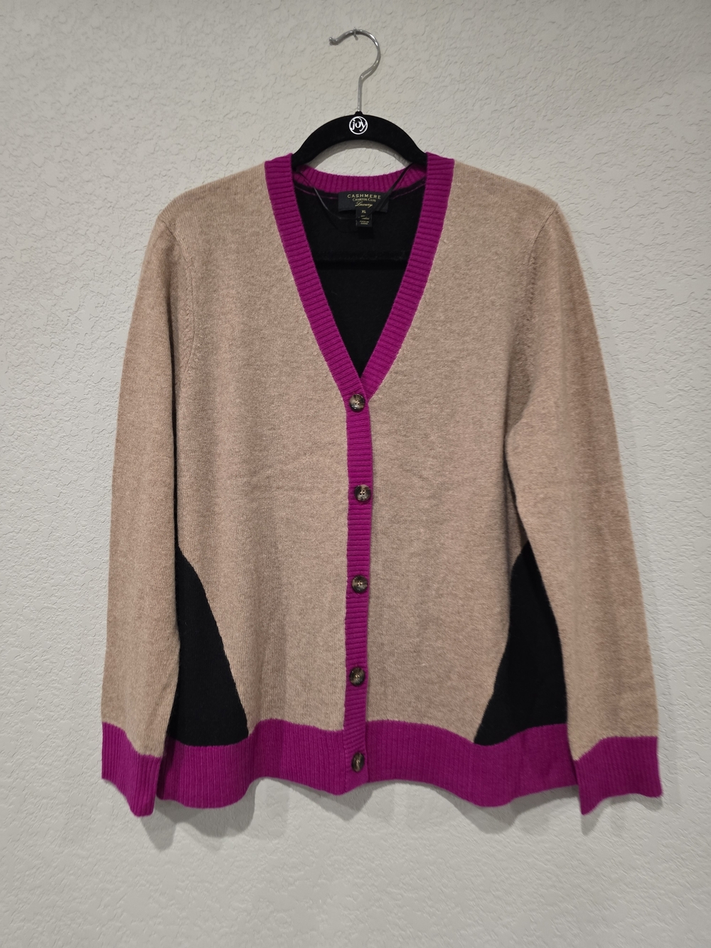 Charter Club Luxury Cashmere Womens Beige & Black Cardigan with Magenta Trim